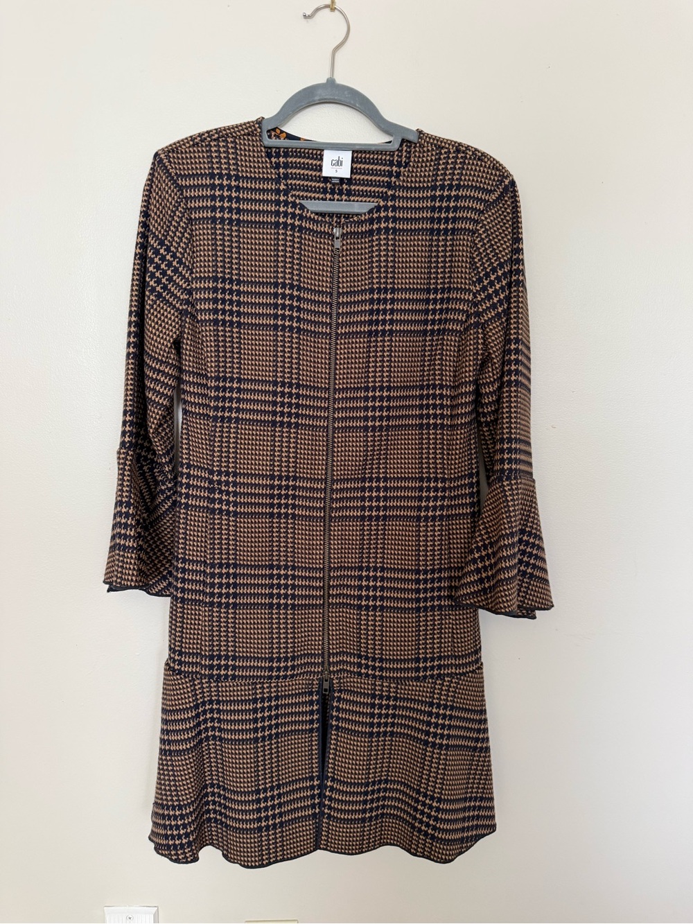 CAbi Brown & Black Plaid Zip Jacket with Slight Flare Sleeves